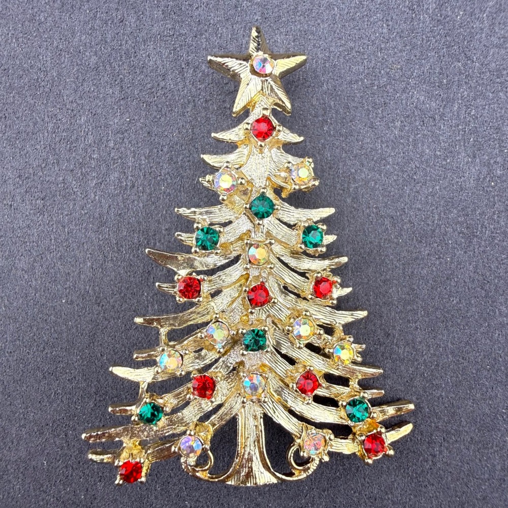 Vintage Signed Tanger II Christmas Tree Brooch Gold Tone Rhinestone Pin